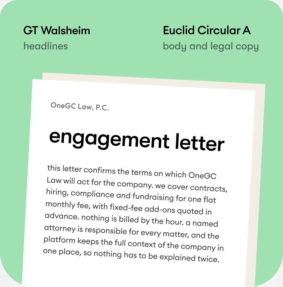 Typography on an engagement letter: GT Walsheim and Euclid Circular A