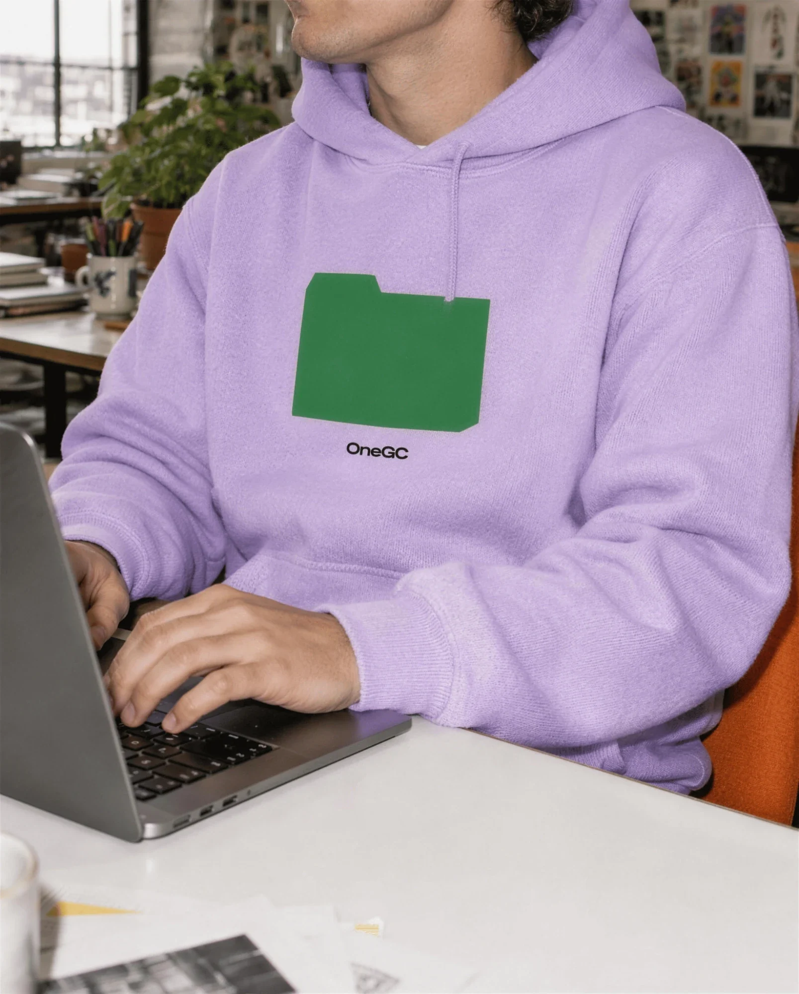 Lilac OneGC hoodie with the green folder icon
