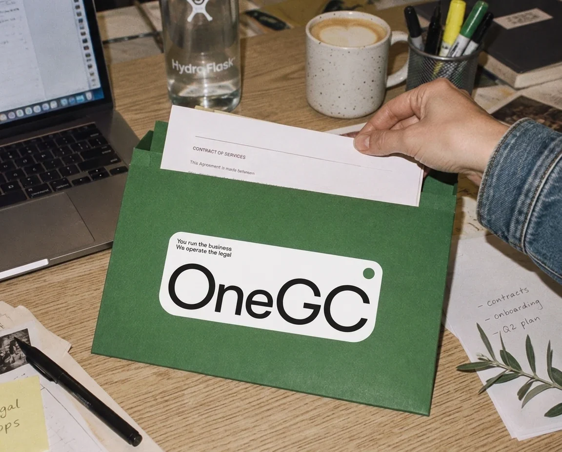 Photo: a contract slipped into the green OneGC envelope on a desk